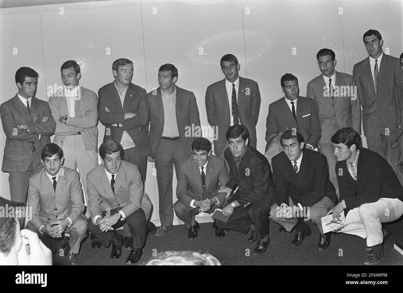 Arrival of Real Madrid at Schiphol Airport. The team with attendants in press room, September 17, 1967, attendants, teams, sports, soccer, The Netherlands, 20th century press agency photo, news to remember, documentary, historic photography 1945-1990, visual stories, human history of the Twentieth Century, capturing moments in time Stock Photo