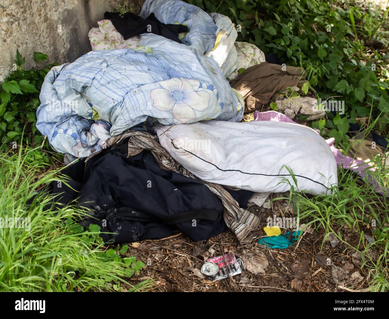 This is a bed of a homeless man Stock Photo