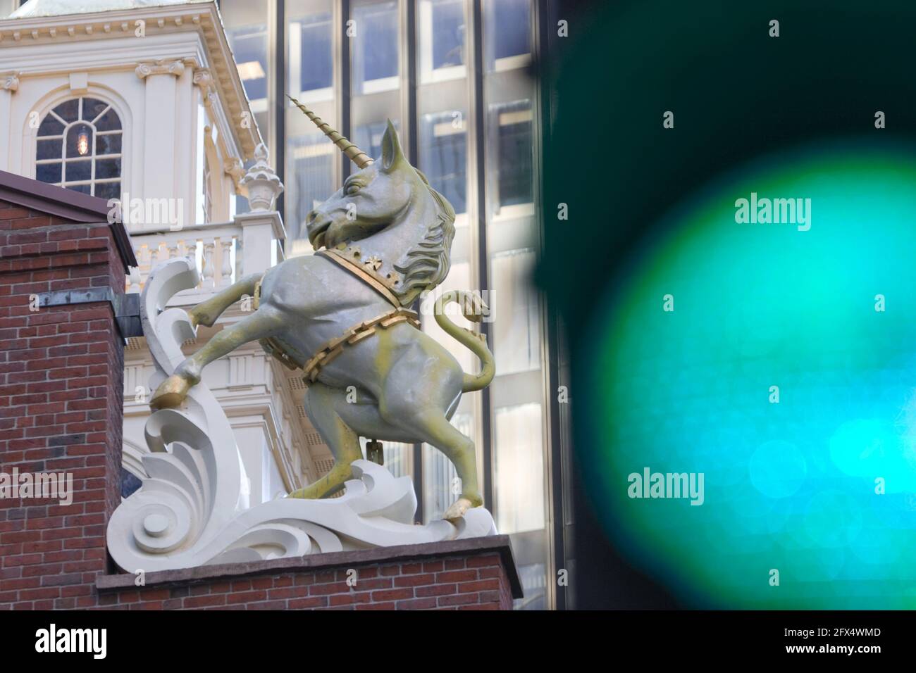 Detail of Unicorn staute on roof of Old State House, Boston MA USA Stock Photo