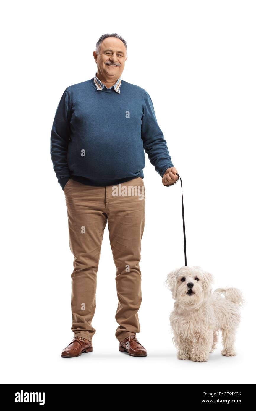 Full length portrait of a happy mature man holding a maltese poodle dog on a lead isolated on white background Stock Photo