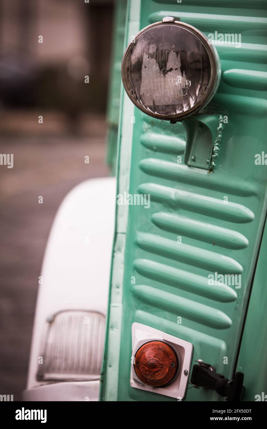 Color close up of a vintage car headlight and turn signal Stock Photo