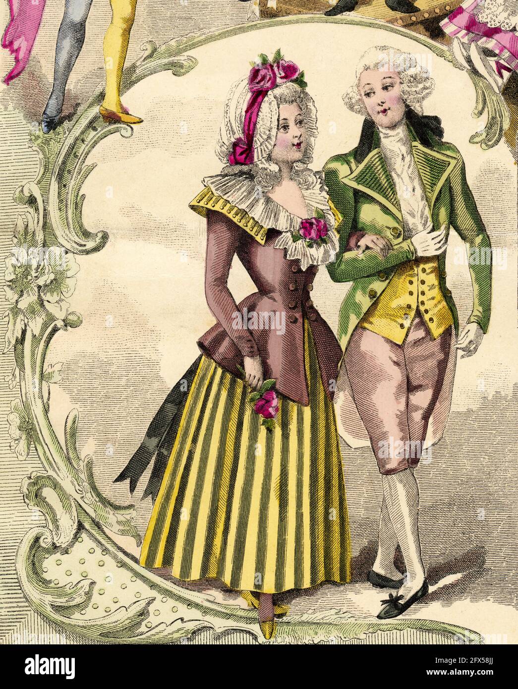 Embroidery and trimmings from Maison Coiquil & Gay. The latest fashions designed and tailored for the dressmaker and seamstress of Moniteur de la mode, Paris 1898. France, Europe. Old color lithograph from the late XIX century Stock Photo