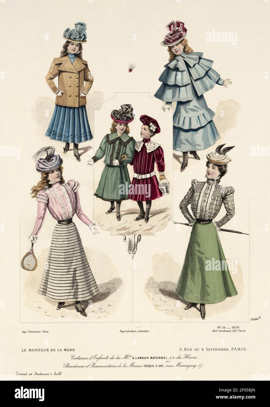Children's costumes from Maison A l'Amour Maternel & Embroidery and trimmings from Maison Coiquil & Gay. The latest fashions designed and tailored for the dressmaker and seamstress of Moniteur de la mode, Paris 1898. France, Europe. Old color lithograph from the late XIX century Stock Photo