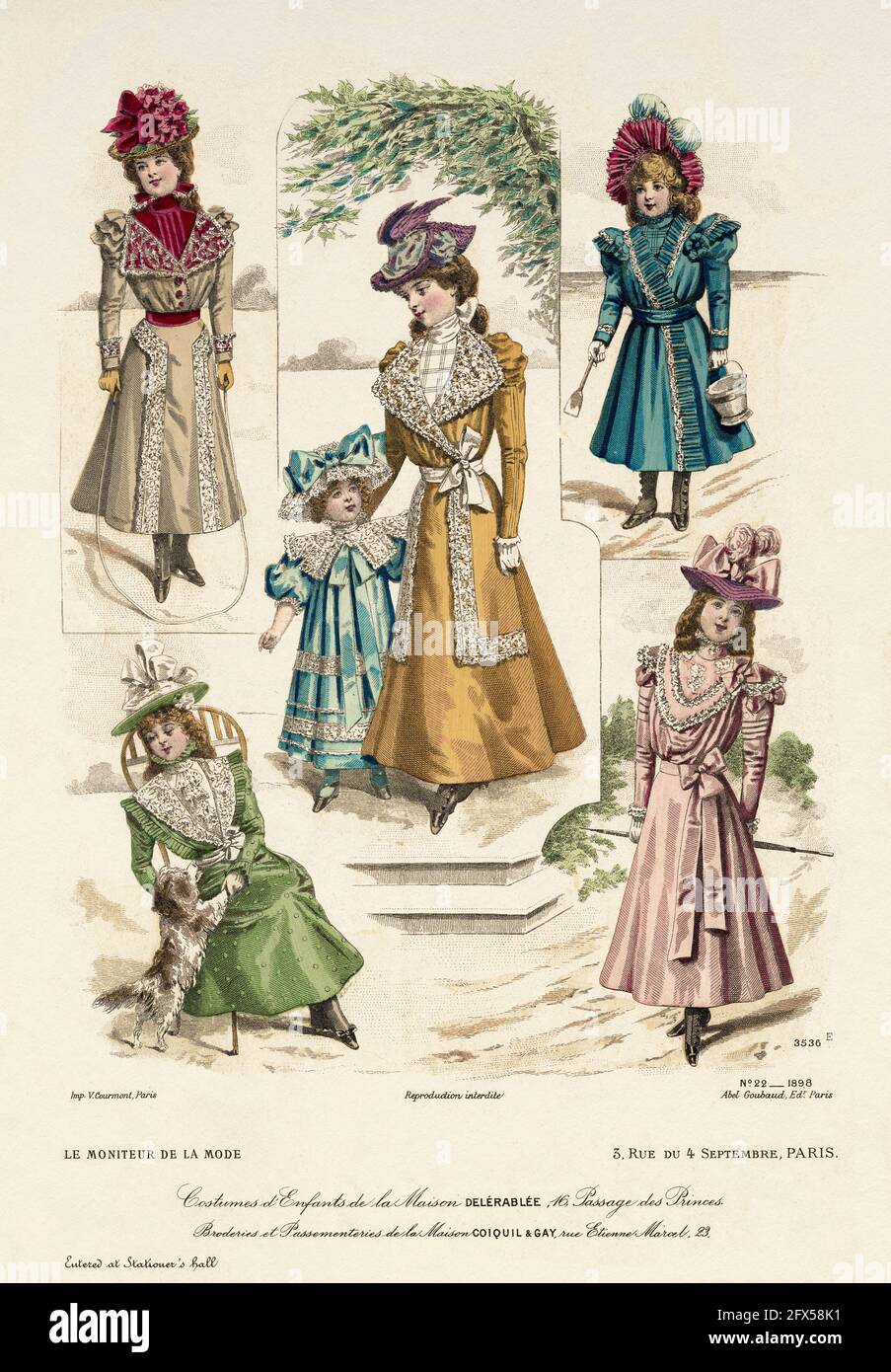 Children's costumes from Maison Delerablee & Embroidery and trimmings from Maison Coiquil & Gay. The latest fashions designed and tailored for the dressmaker and seamstress of Moniteur de la mode, Paris 1898. France, Europe. Old color lithograph from the late XIX century Stock Photo