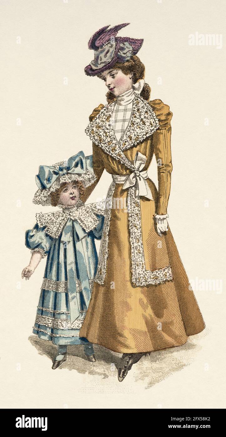 Children's costumes from Maison Delerablee & Embroidery and trimmings from Maison Coiquil & Gay. The latest fashions designed and tailored for the dressmaker and seamstress of Moniteur de la mode, Paris 1898. France, Europe. Old color lithograph from the late XIX century Stock Photo