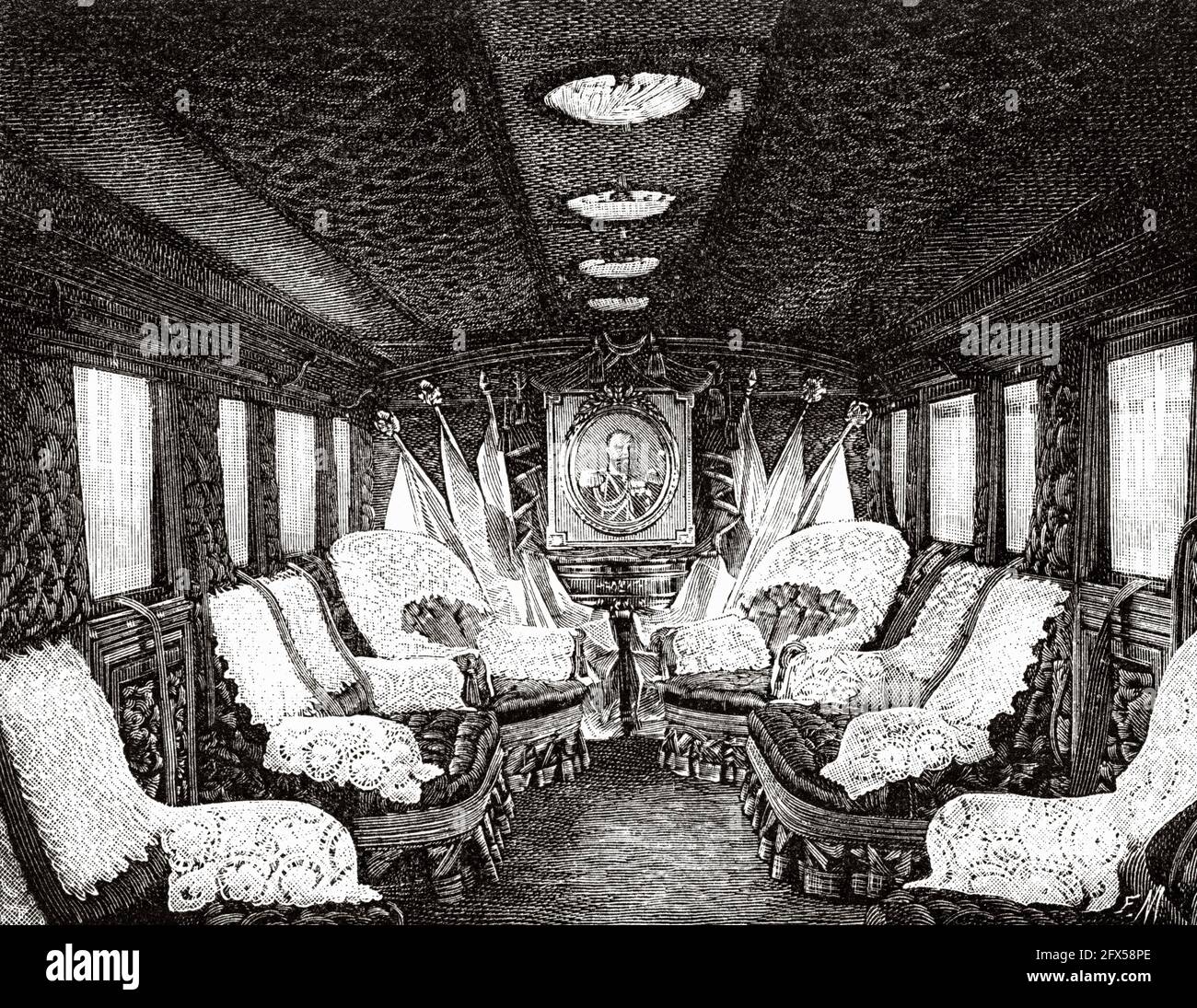 Interior of the wagon that took the Russian officers from Paris to Versailles on October 24, 1893 during the celebrations of the Franco-Russian alliance, Paris, France. Europe. Old 19th century engraved illustration from La Nature 1893 Stock Photo