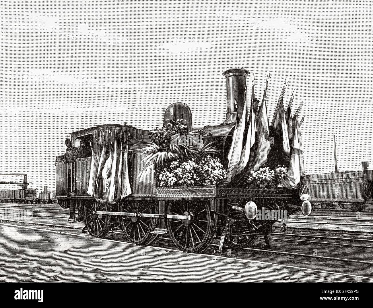 Western railroad locomotive decorated for the transport of Russian officers from Paris to Versailles on October 24, 1893 during the celebrations of the Franco-Russian alliance, Paris, France. Europe. Old 19th century engraved illustration from La Nature 1893 Stock Photo