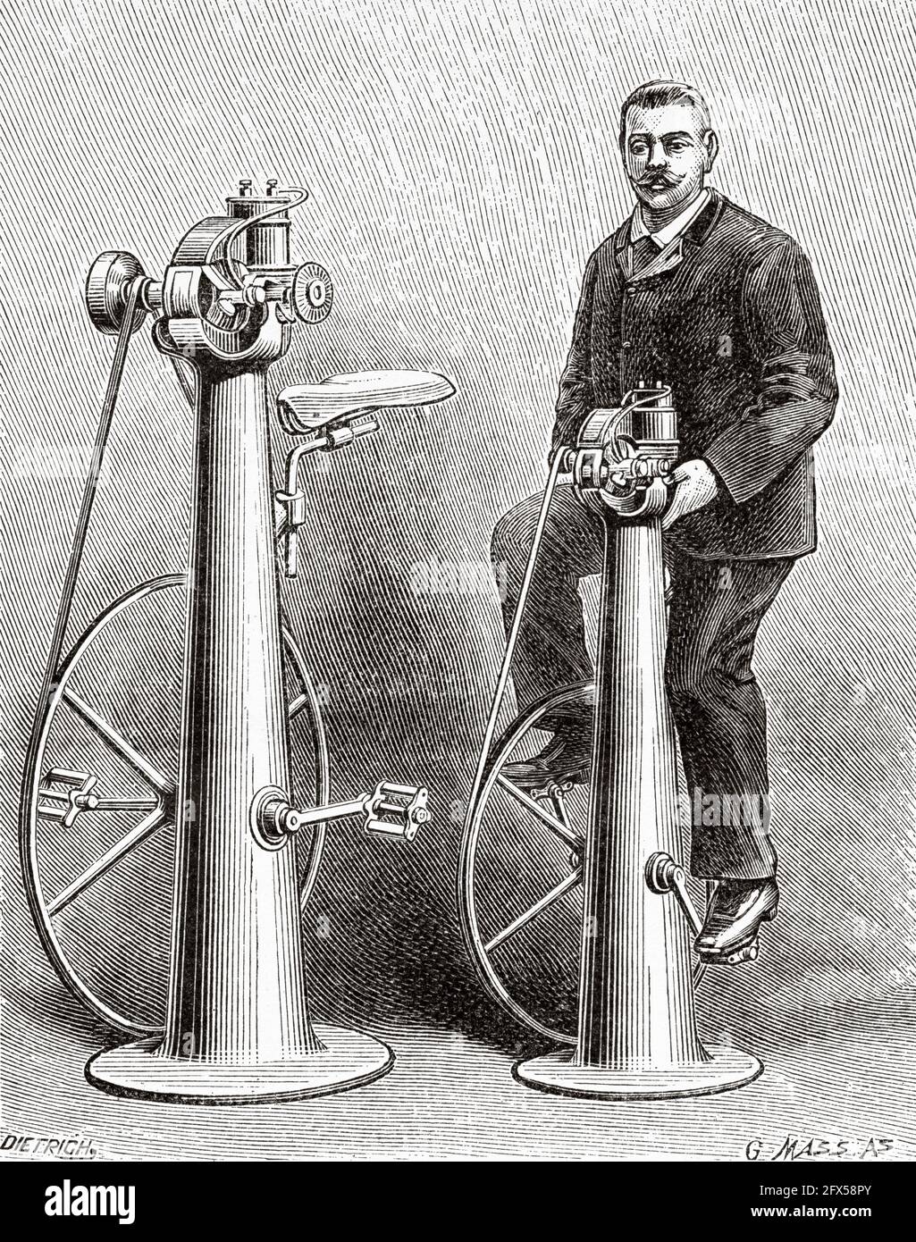 Old pedal dynamo from the late XIX century. Old 19th century engraved illustration from La Nature 1893 Stock Photo