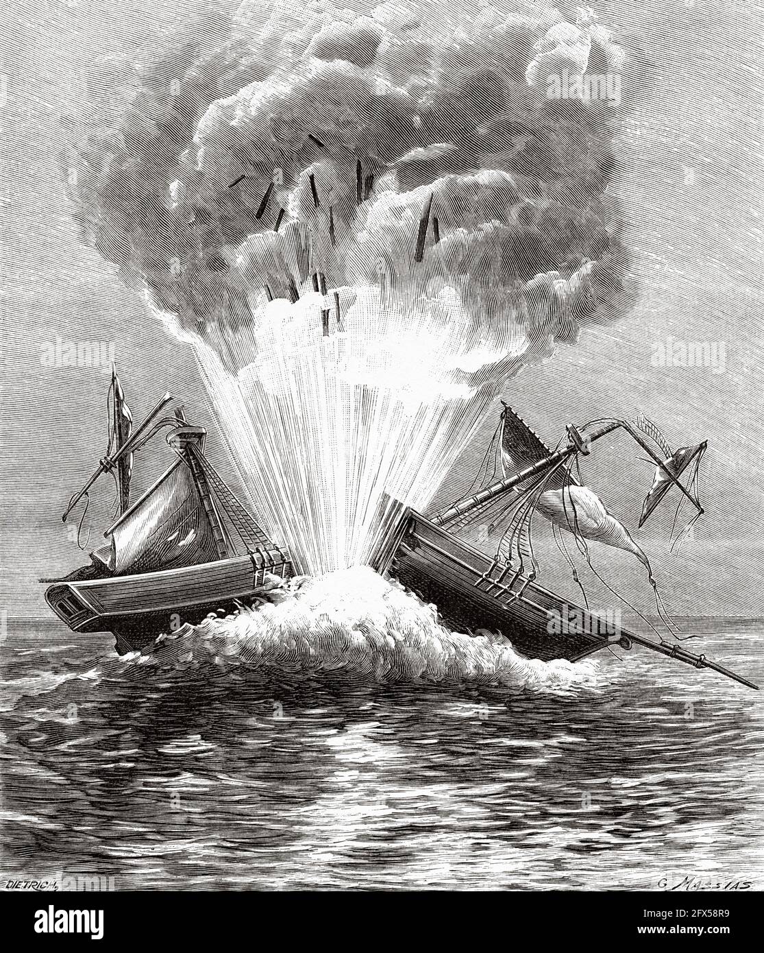 Fulton blows La Dorothee boat with his infernal machine in the harbor of Brest on October 15, 1805. France, Europe. Old 19th century engraved illustration from La Nature 1893 Stock Photo