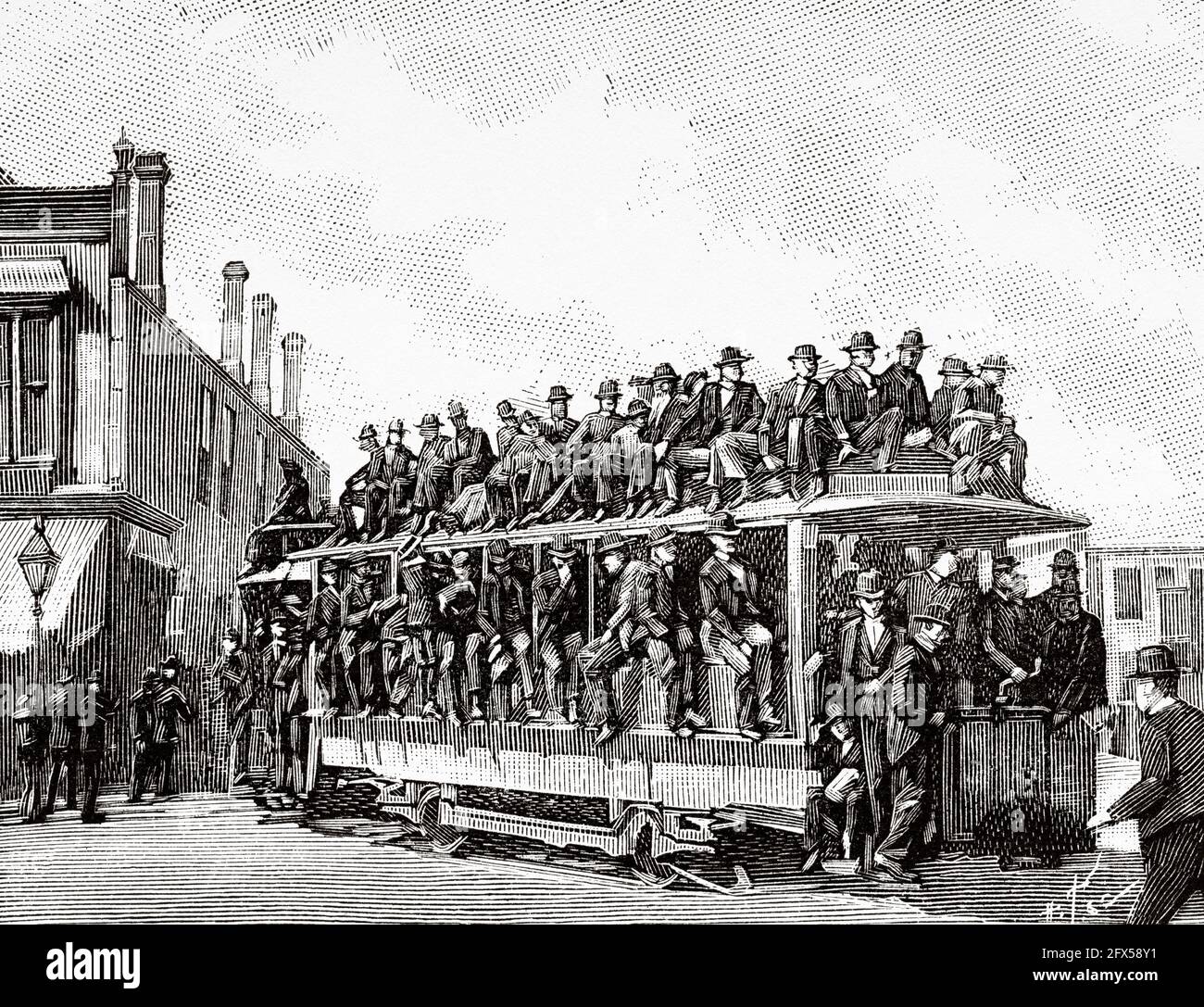 The tram in the United States at the end of the 19th century. A line of electric trams in Chicago October 9, 1893. USA. Old 19th century engraved illustration from La Nature 1893 Stock Photo