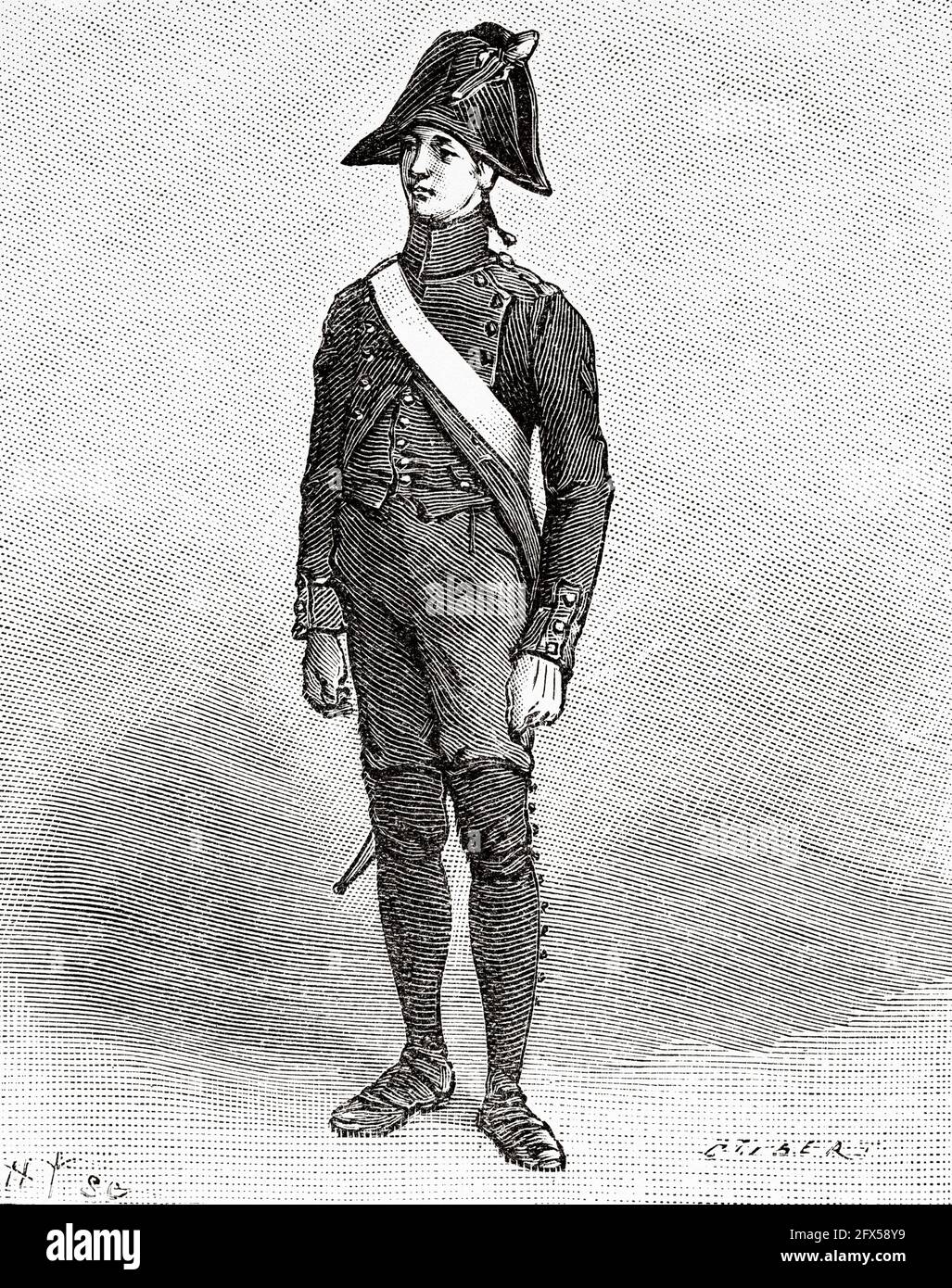National Guard gunner costume adopted for the students of the Polytechnic School, class of 1796. France, Europe. Old 19th century engraved illustration from La Nature 1893 Stock Photo