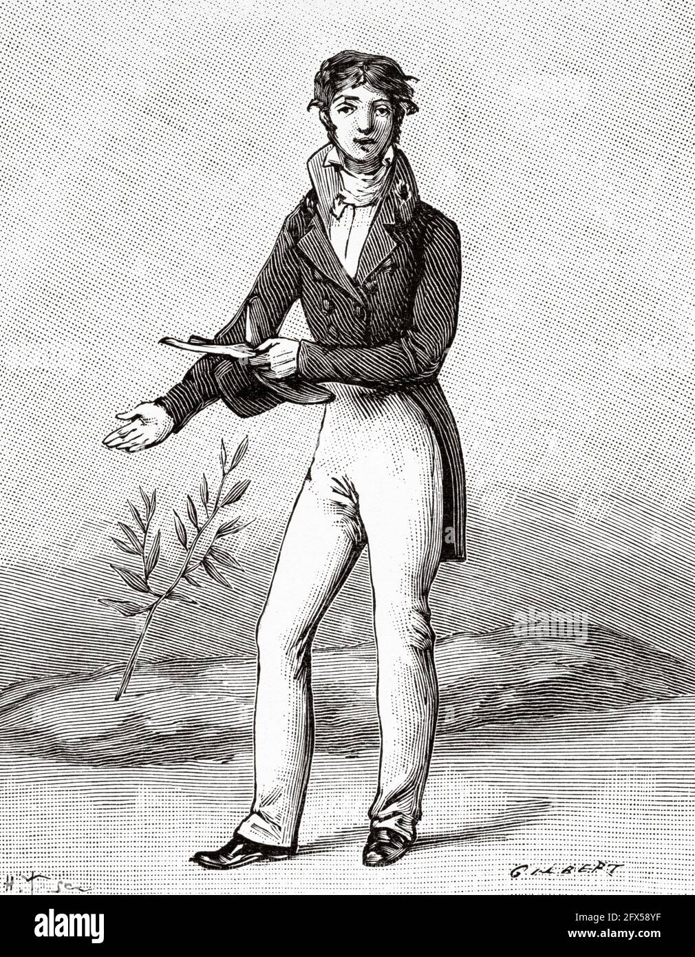 A student of the Polytechnic School at the grave of Monge 1818. France, Europe. Old 19th century engraved illustration from La Nature 1893 Stock Photo