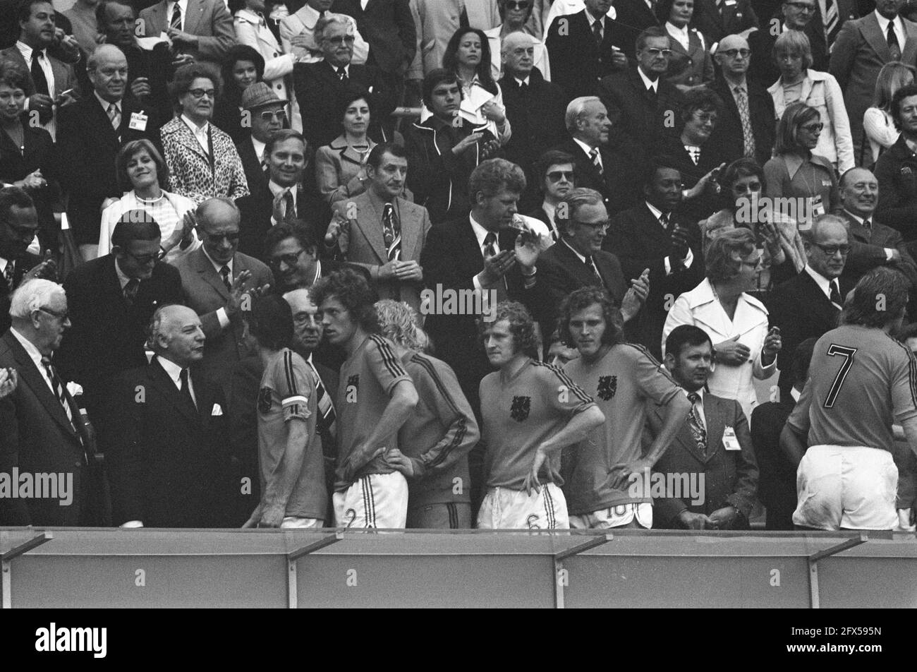 World Cup final 1974 in Munich, West Germany v. Netherlands 2-1; Dutch players in grandstand afterwards, July 7, 1974, finals, sports, soccer, world championships, The Netherlands, 20th century press agency photo, news to remember, documentary, historic photography 1945-1990, visual stories, human history of the Twentieth Century, capturing moments in time Stock Photo