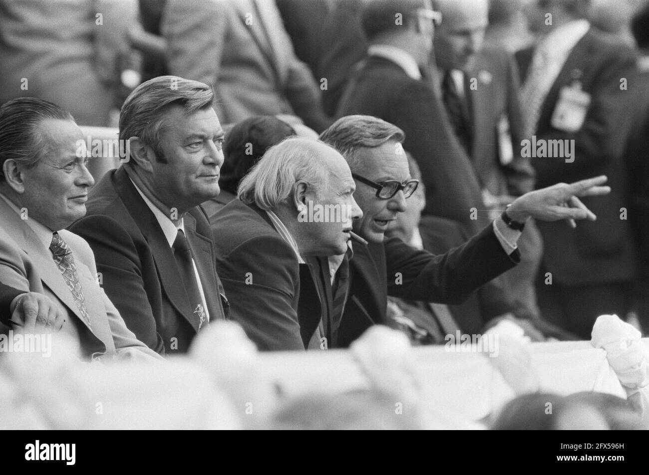 Final World Cup 1974 in Munich, West Germany v. Netherlands 2-1; Den Uyl (center) on grandstand, July 7, 1974, finals, sports, grandstands, soccer, world championships, The Netherlands, 20th century press agency photo, news to remember, documentary, historic photography 1945-1990, visual stories, human history of the Twentieth Century, capturing moments in time Stock Photo