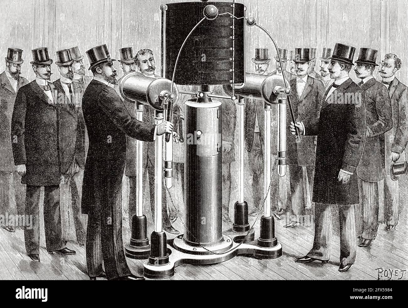 Demonstration of the Wimshurst high voltage electrical machine. Cylindrical model electrostatic induction machines without sectors built by Bonetti. Old 19th century engraved illustration from La Nature 1893 Stock Photo