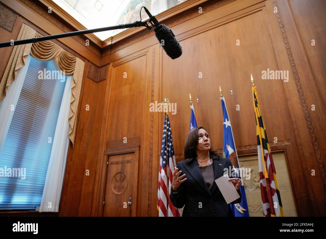 U.S. Vice President Kamala Harris speaks after ceremonially swearing in Kristen Clarke as Assistant Attorney General for the Civil Rights Division at the Department of Justice in Washington, U.S., May 25, 2021. REUTERS/Yuri Gripas Stock Photo