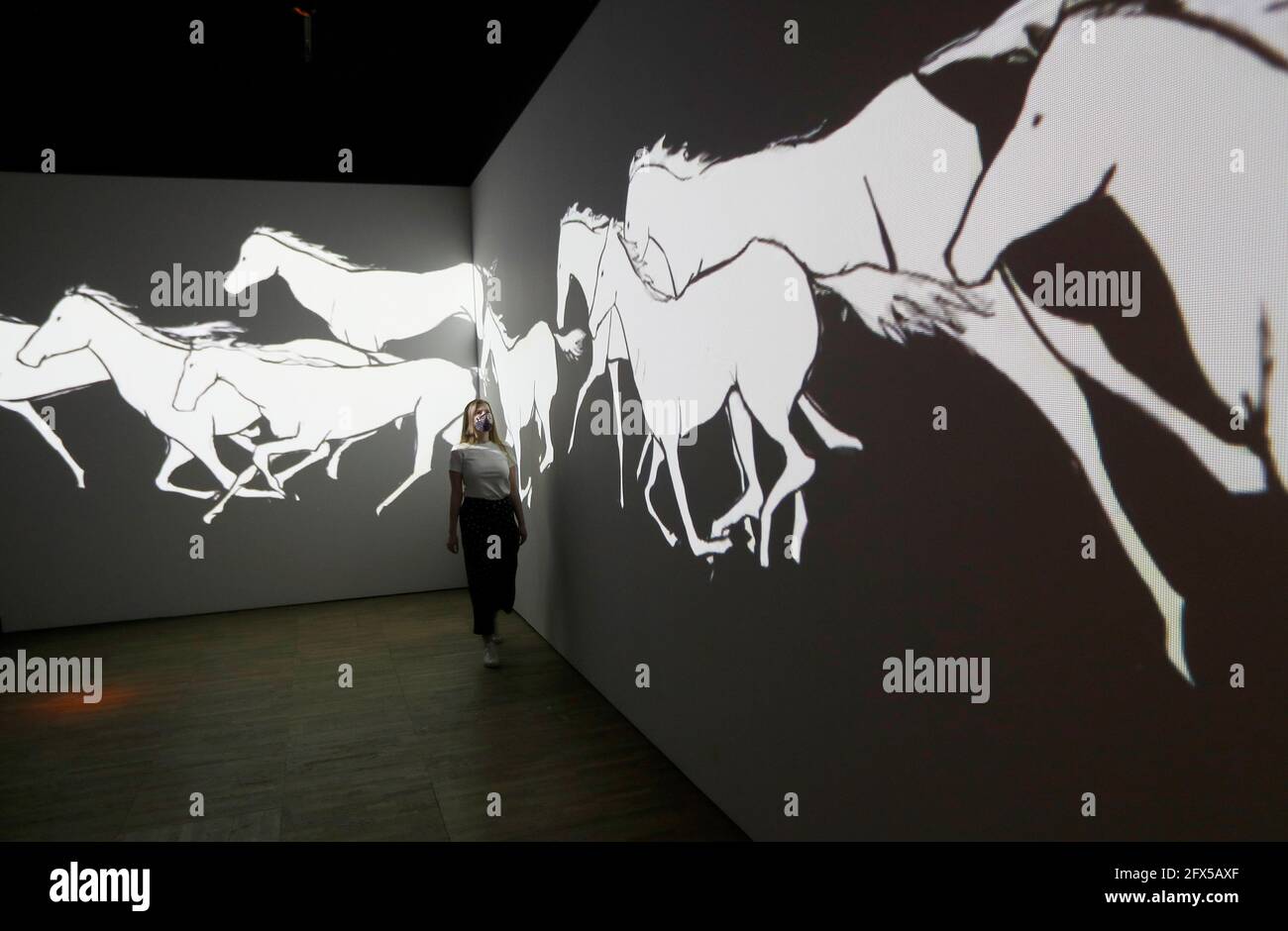 A V&A employee looks at All the White Horses, a hand drawn video animation by Avish Khebrehzadeh, on display in Epic Iran, an exhibition soon to open at the V&A in London, A V&A employee looks at All the White Horses, a hand drawn video animation by Avish Khebrehzadeh, on display in Epic Iran, an exhibition soon to open at the V&A in London,