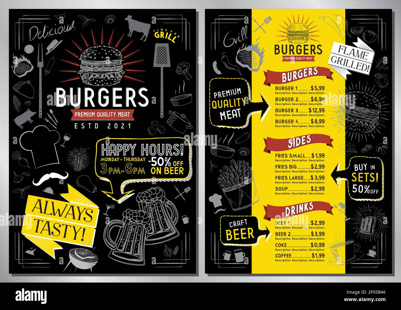 Burger bar menu template A4 card (burgers, sides, drinks Stock Vector