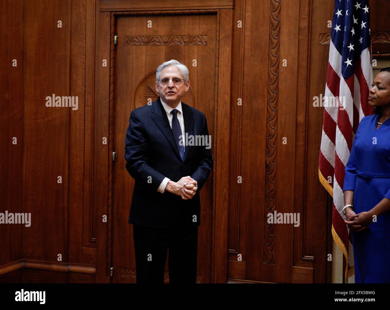 Attorney General Merrick Garland attends as U.S. Vice President Kamala Harris ceremonially swears in Kristen Clarke as Assistant Attorney General for the Civil Rights Division at the Department of Justice in Washington, U.S., May 25, 2021. REUTERS/Yuri Gripas Stock Photo
