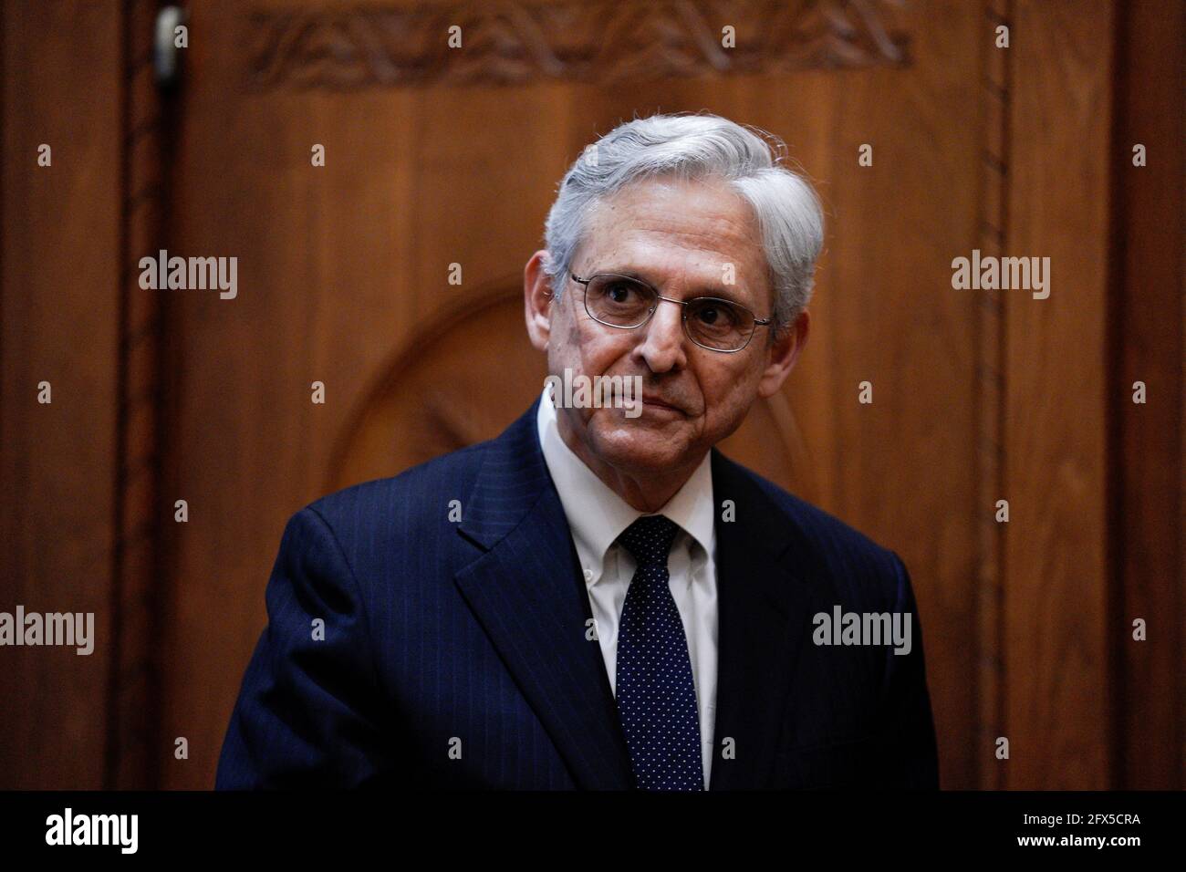 Attorney General Merrick Garland attends as U.S. Vice President Kamala Harris ceremonially swears in Kristen Clarke as Assistant Attorney General for the Civil Rights Division at the Department of Justice in Washington, U.S., May 25, 2021. REUTERS/Yuri Gripas Stock Photo