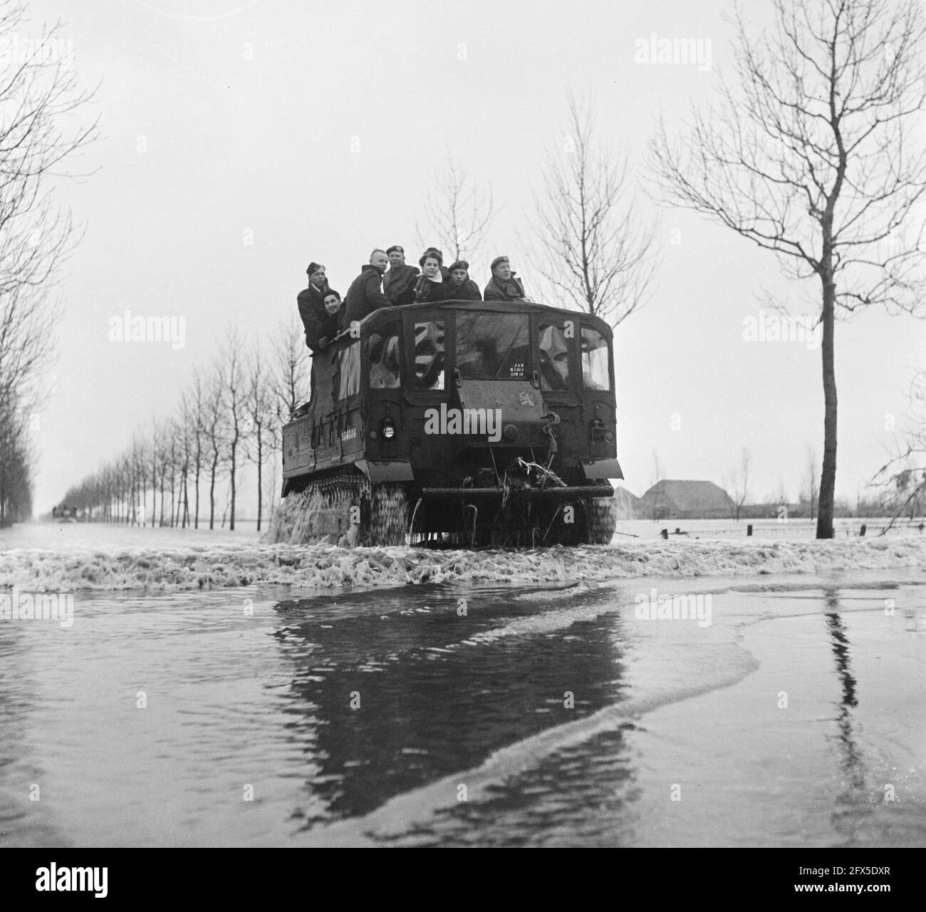 French pontooners making their way in amphibious vehicles to the isolated areas of Tholen to pick up evacuees, here near Halsteren, February 3, 1953, evacuations, relief, military, floods, vehicles, flood, The Netherlands, 20th century press agency photo, news to remember, documentary, historic photography 1945-1990, visual stories, human history of the Twentieth Century, capturing moments in time Stock Photo