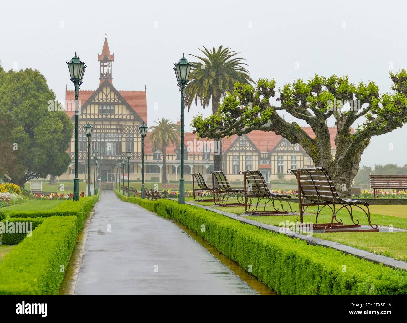 Rainy impression of the Rotorua Museum at Rotorua in New Zealand Stock Photo