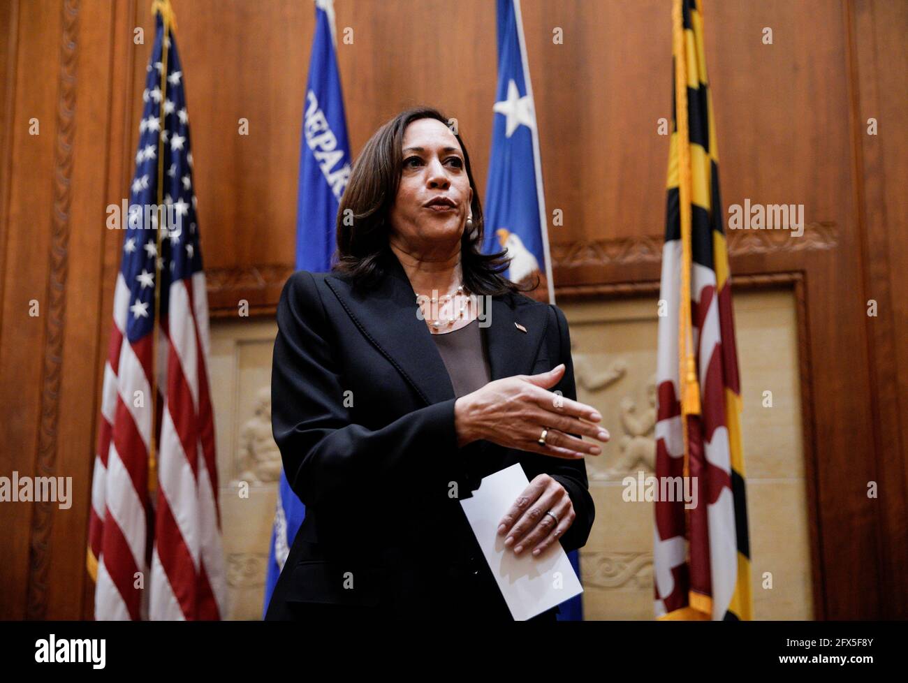U.S. Vice President Kamala Harris delivers remarks about George Floyd after ceremonially swearing in Kristen Clarke as Assistant Attorney General for the Civil Rights Division at the Department of Justice in Washington, U.S., May 25, 2021. REUTERS/Yuri Gripas Stock Photo