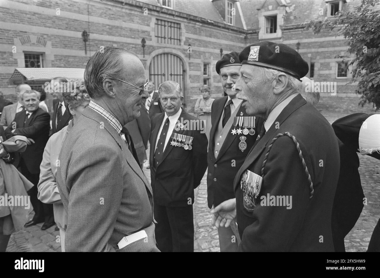 Prince Bernhard attends the meeting on the occasion of the 40th anniversary of the liberation in Heeswijk-Dinter; Bernhard in conversation, September 19, 1984, The Netherlands, 20th century press agency photo, news to remember, documentary, historic photography 1945-1990, visual stories, human history of the Twentieth Century, capturing moments in time Stock Photo