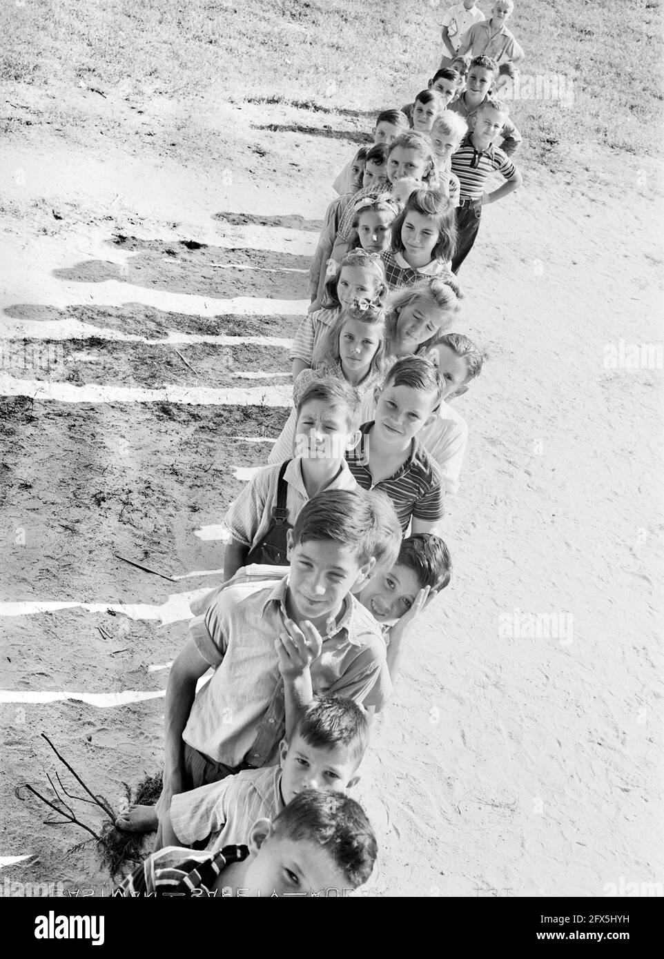 Row of Children at School, High Angle View, Siloam, Georgia, USA, Jack Delano, U.S. Office of War Information, October 1941 Stock Photo