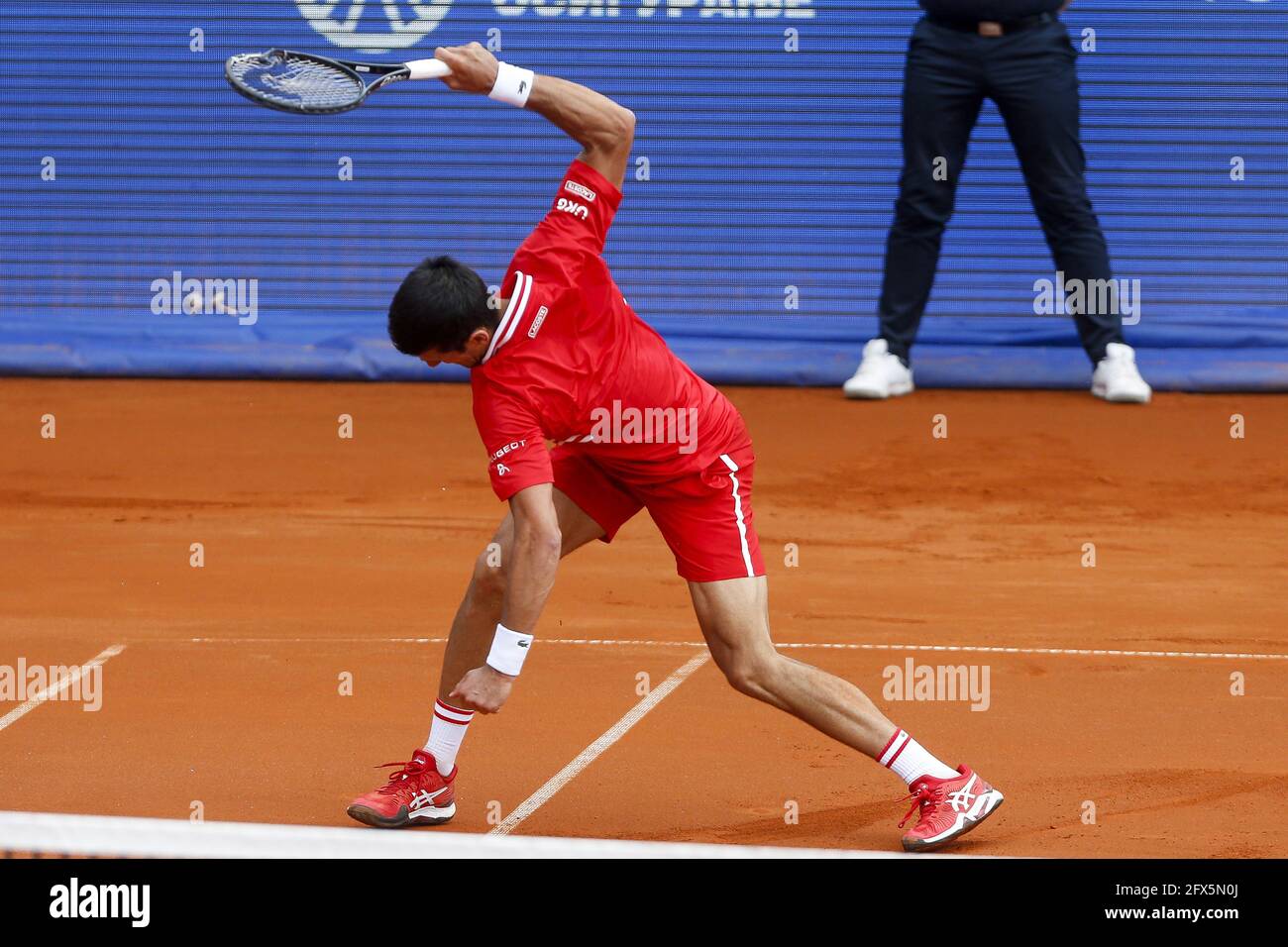 Belgrade. 25th May, 2021. Serbia's Novak Djokovic smashes his racket during  the ATP 250 Belgrade Open round of 16 singles tennis match against  Germany's Mats Moraing in Belgrade, Serbia on May 25,