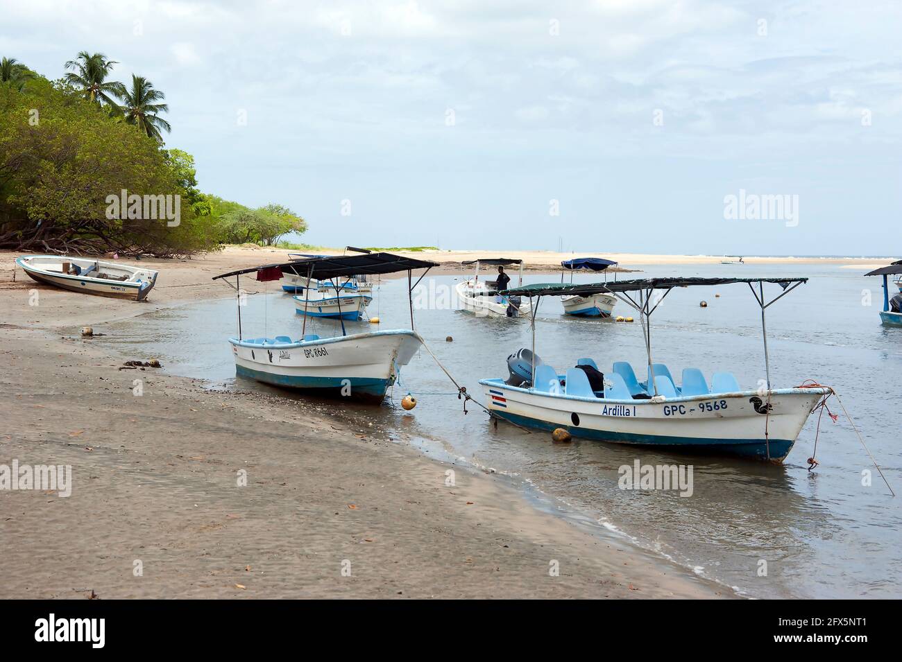 Tour boats awaiting clients at the mouth of the river at the Pacific Ocean leading into the Parque Nacional Marino Las Baulas in Tamarindo, Costa Rica. Stock Photo