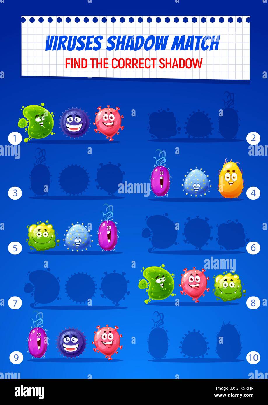 Kids shadow match game with viruses and germs funny characters. Child