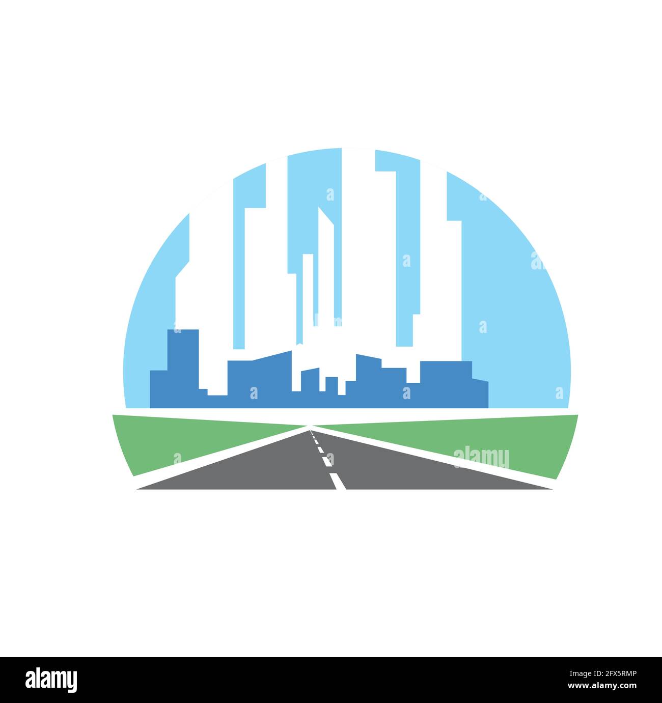 Freeway path, speed highway icon with skyscrapers. Vector freeway ...