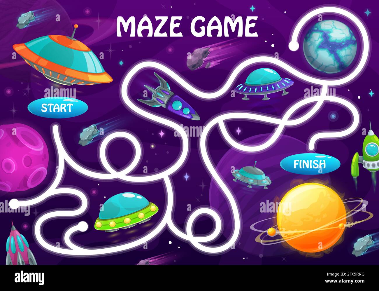 Labyrinth maze game with space planets and shuttles. Kids vector board game with rockets and alien ufo saucers in galaxy. Boardgame with tangled path, Stock Vector