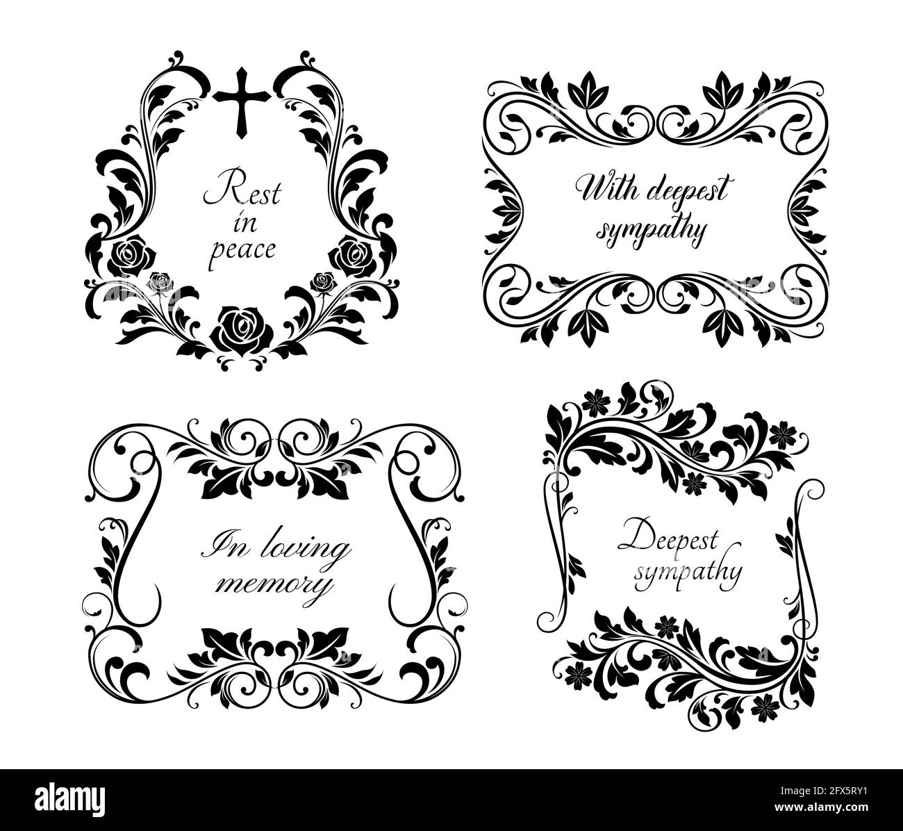 Funeral frames, memorial cards with floral borders, rest in peace, in loving memory and deepest sympathy condolences. Obituary and tombstone decoratio Stock Vector
