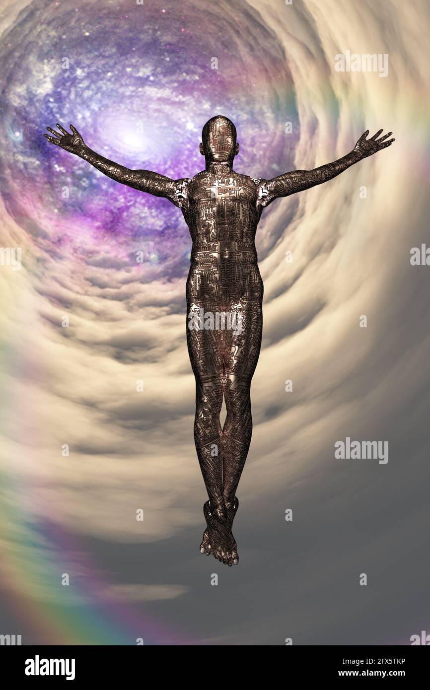 Droid ascension in vortex of clouds. Sci-fi and spiritual scene. 3D ...