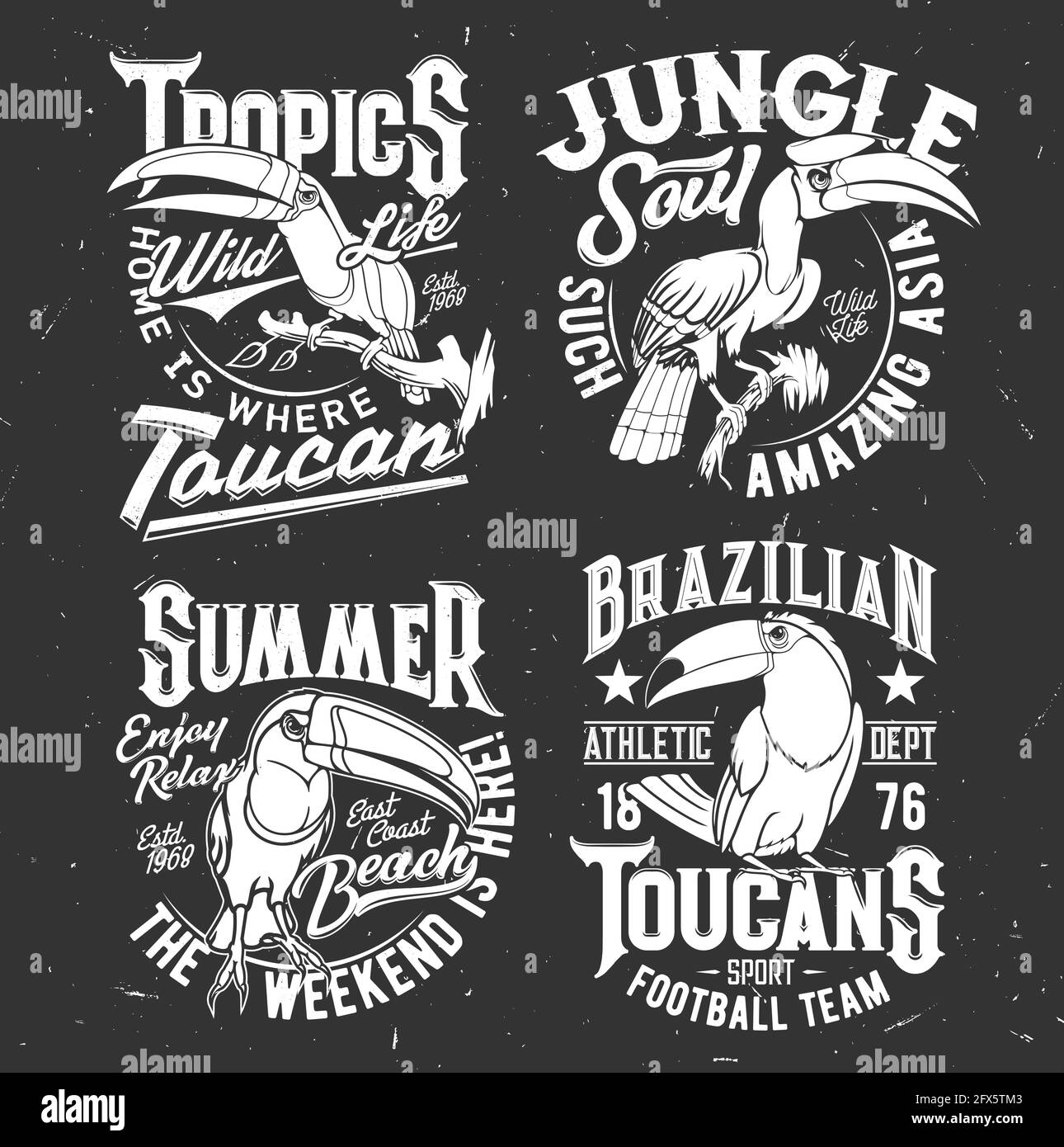 Toucan bird t-shirt retro print template. Football sport team, tropical wildlife and summer leisure apparel custom vector print with animal mascot, gr Stock Vector