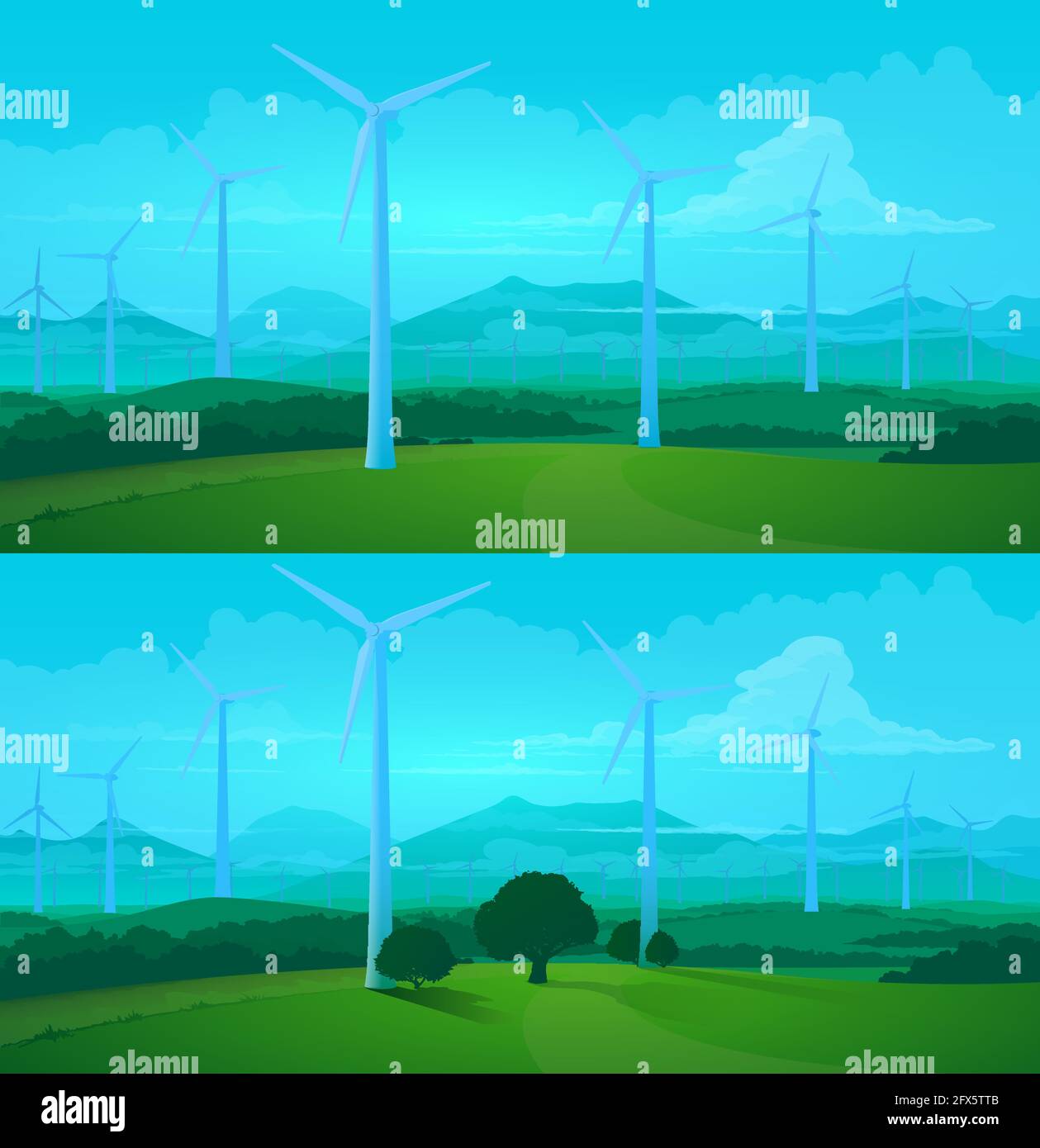 Wind turbines on field of green energy farm vector background of ecology  and environment design. Cartoon eco windmills nature landscape with green  gra Stock Vector Image & Art - Alamy