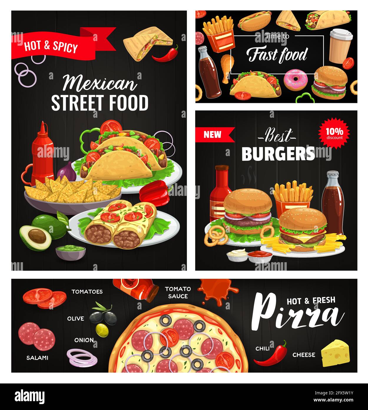 Fast food burgers and pizza banners, mexican street food restaurant