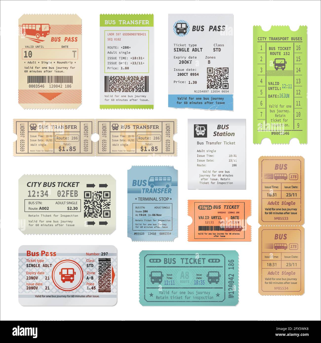 Bus tickets, city passenger transport plastic card and transfer payment receipt document. Bus excursion, city tours vector admit one ticket or pass wi Stock Vector