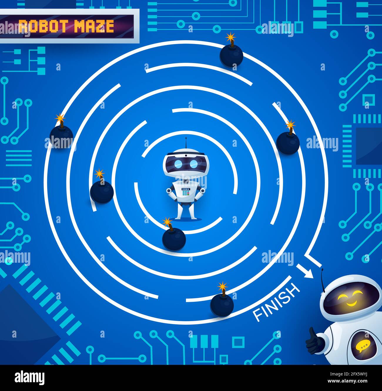 Robots and motherboard labyrinth maze game, kids cartoon vector ...