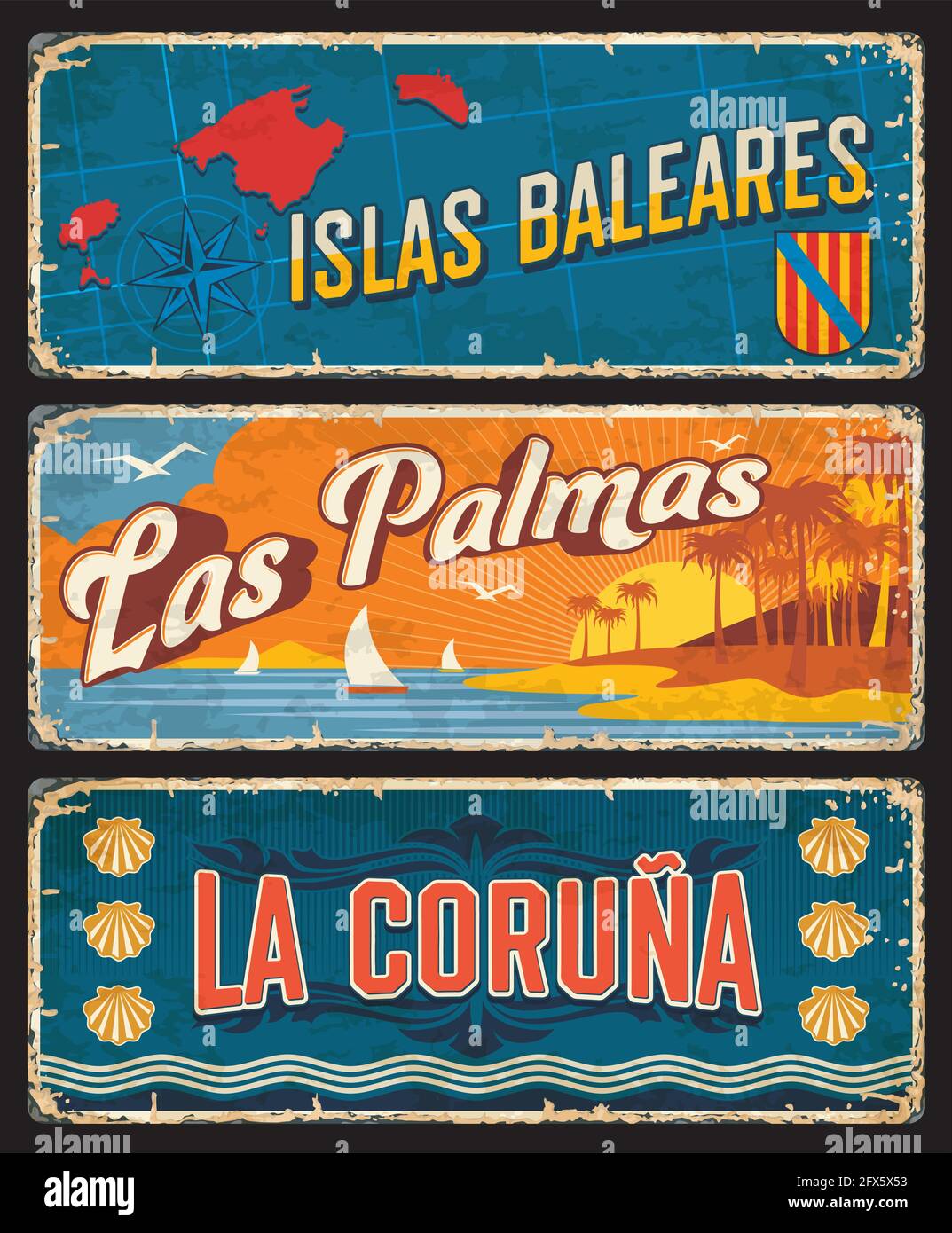 Spain Baleares Islas, Las Palmas and La Coruna plates and tin rusty signs, vector. Spanish Balearic islands, community and metal rusty plates with cit Stock Vector