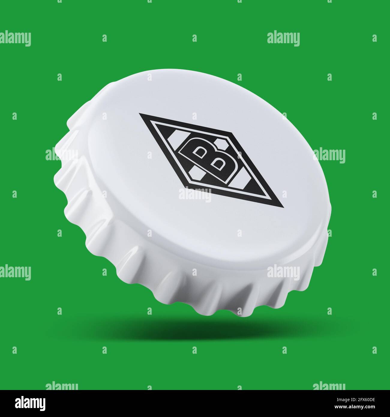 Madrid , SPAIN - May 25, 2021: Borussia Monchengladbach 3D render realistic bottle cap logo on white, illustrative editorial Stock Photo