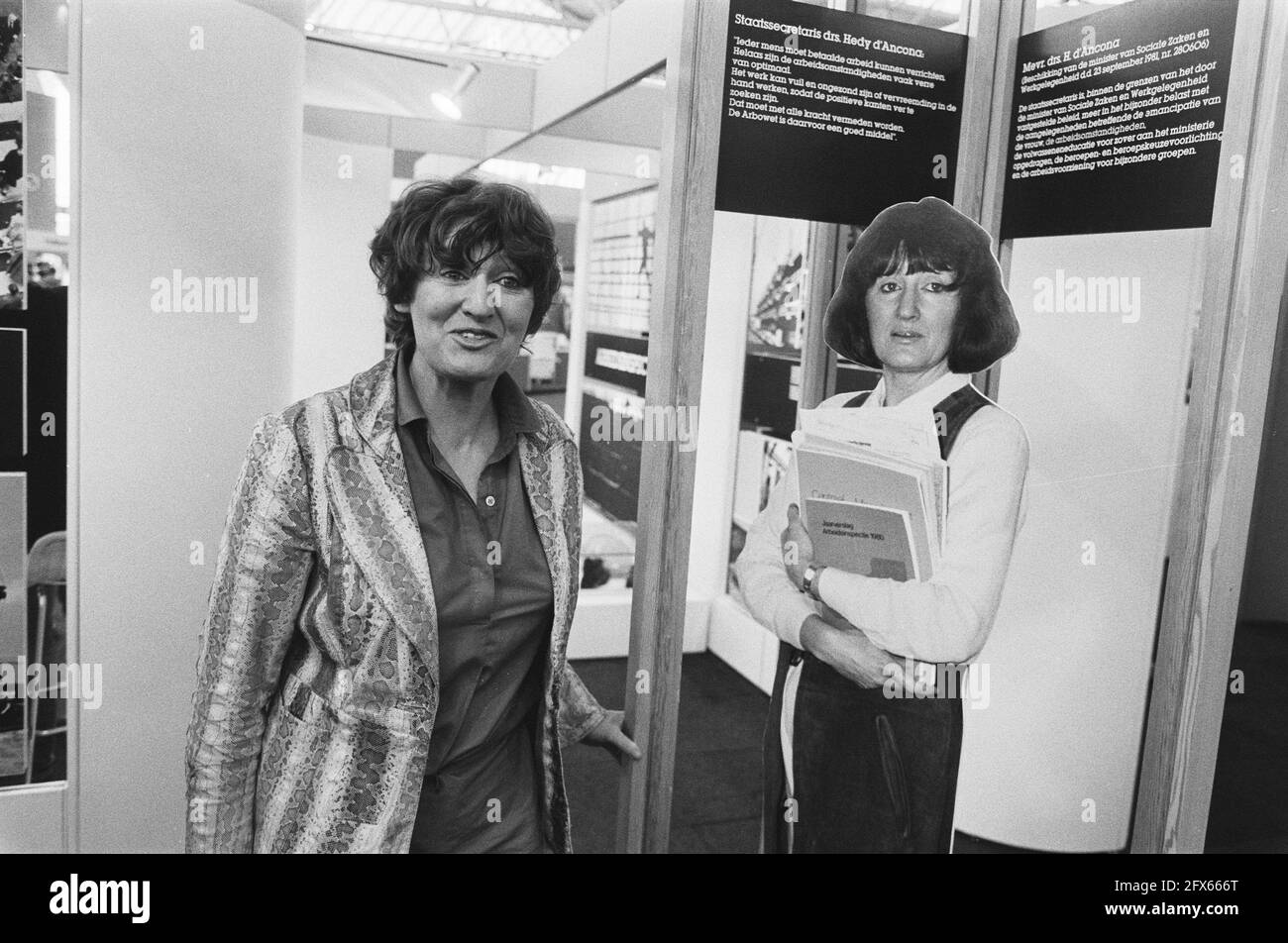 Hedy dAncona opens Arbo 82 at RAI in Amsterdam on safety, health etc. during work. DAncona (l.), April 26, 1982, openings, politicians, The Netherlands, 20th century press agency photo, news to remember, documentary, historic photography 1945-1990, visual stories, human history of the Twentieth Century, capturing moments in time Stock Photo