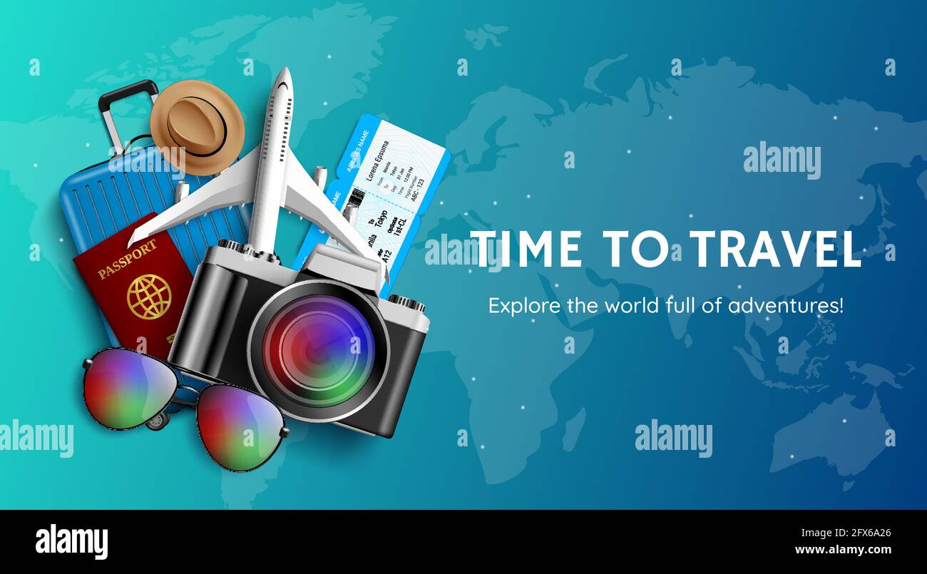 Travel time vector banner design. Time to travel explore the world text ...