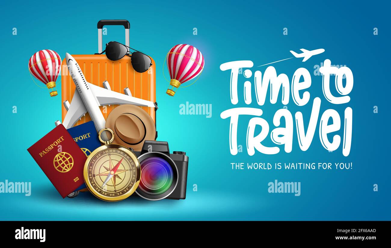 Travel time vector banner design. Time to travel text with travelling elements like airplane