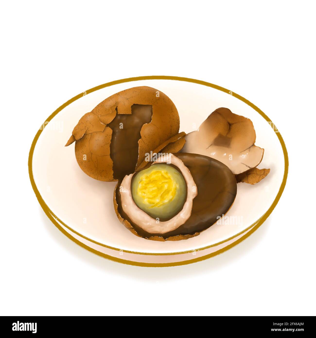 Taiwan tea egg, a digital painting of Taiwanese traditional boiled eggs with black tea raster 3D illustration isolated on white background. Stock Photo