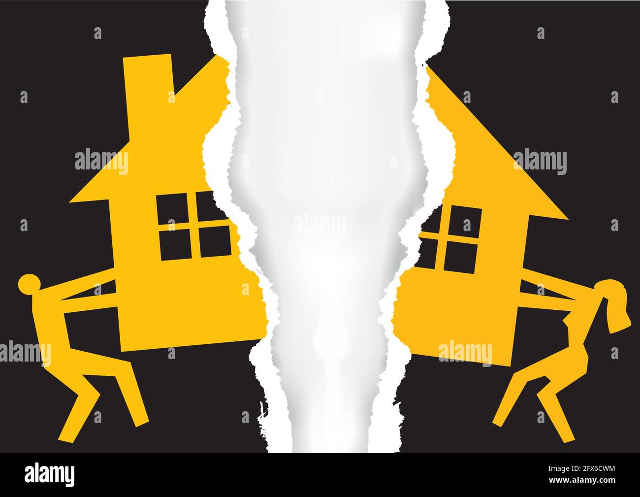 Division of property at divorce, torn paper. A divorced couple ripping paper with the symbol of the house and paragraph sign. Vector available. Stock Vector