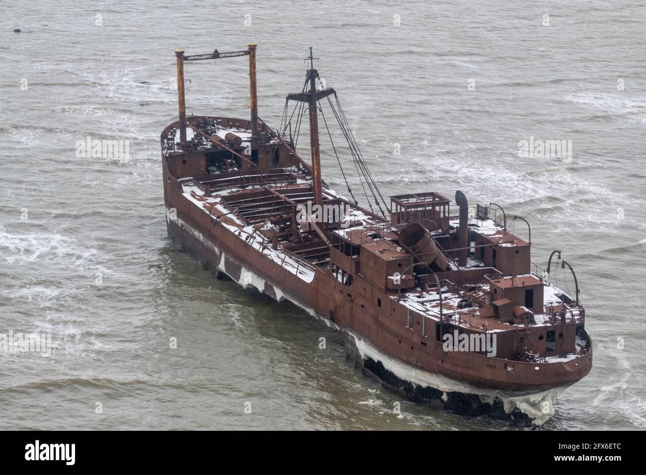 Shipwreck boat Ithica seen by aerial view from Helicopter in the arctic ocean in Hudson Bay, northern Stock Photo