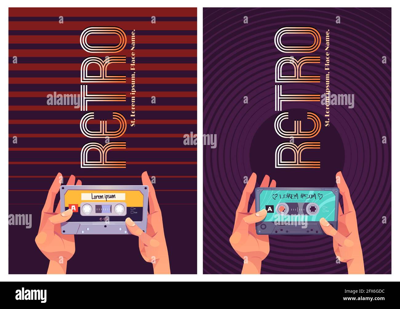 Retro dance music style of 80s banner. Hands holding vintage audio cassette. Vector poster with music player app and flat illustration of old audio tape Stock Vector
